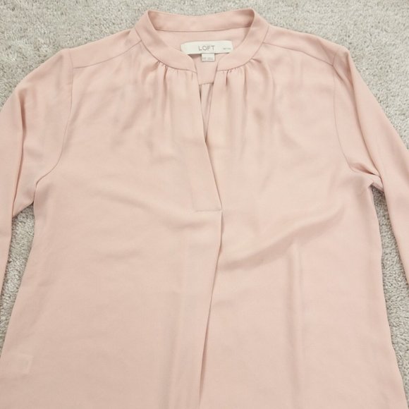 LOFT Petites Top Womens XXSP Pink Long Sleeve V-Neck Pleated Chiffon Boho - Picture 2 of 8